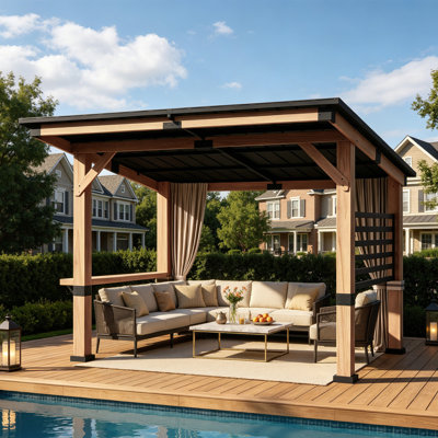Joyside Outdoor Solid Wood Patio Gazebo,Hardtop Gazebo with Privacy Curtains,Snow Support, Wind Resistance, Shade for Garden, Patio, Deck, Entertaining