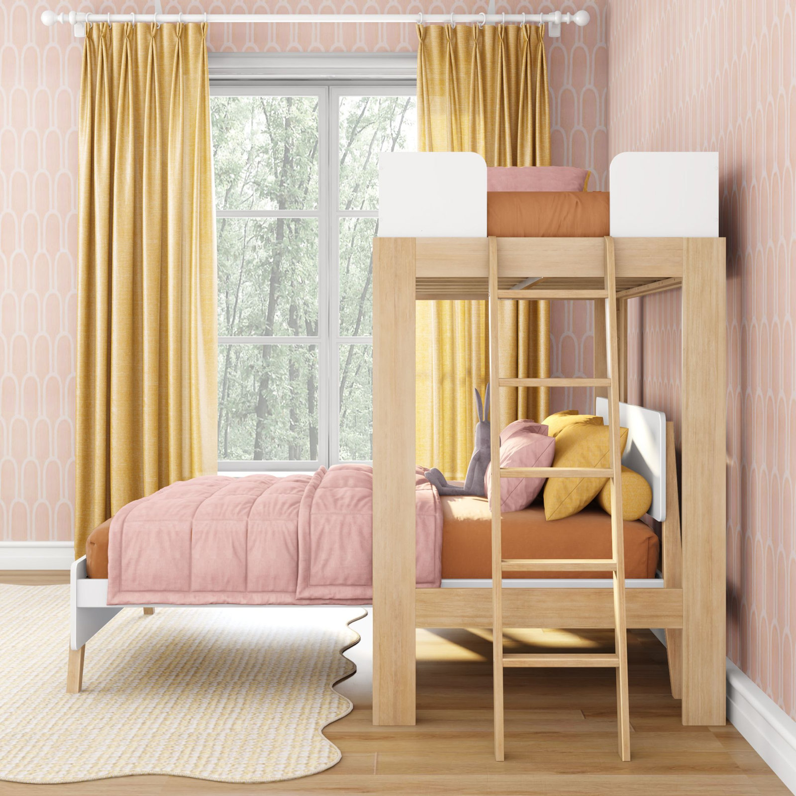 Ambur L-Shaped Bunk Bed, Twin over Full, White/Blonde