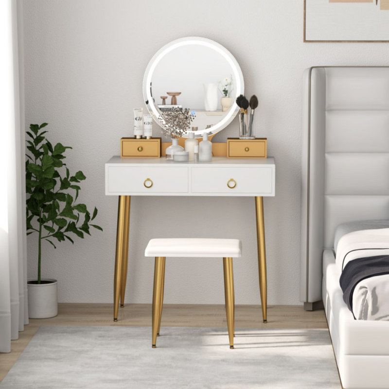 Ensemble de coiffeuse avec miroir, Blanc / or