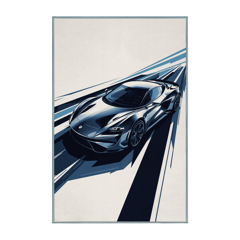 Machine Washable Daleville Electric Sports Car Sleek & Chic Modern Rug in Gray – SkyBlue Binding, 8x12