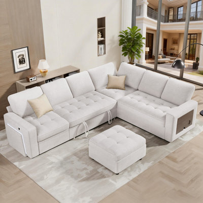 7-Piece L-Shaped Sectional Sleeper Sofa With Pull-Out Bed, Ottoman, Adjustable Backrest, USB Charging, LED Lighting, And Side Table - Chenille Beige (Tool-Free Assembly)