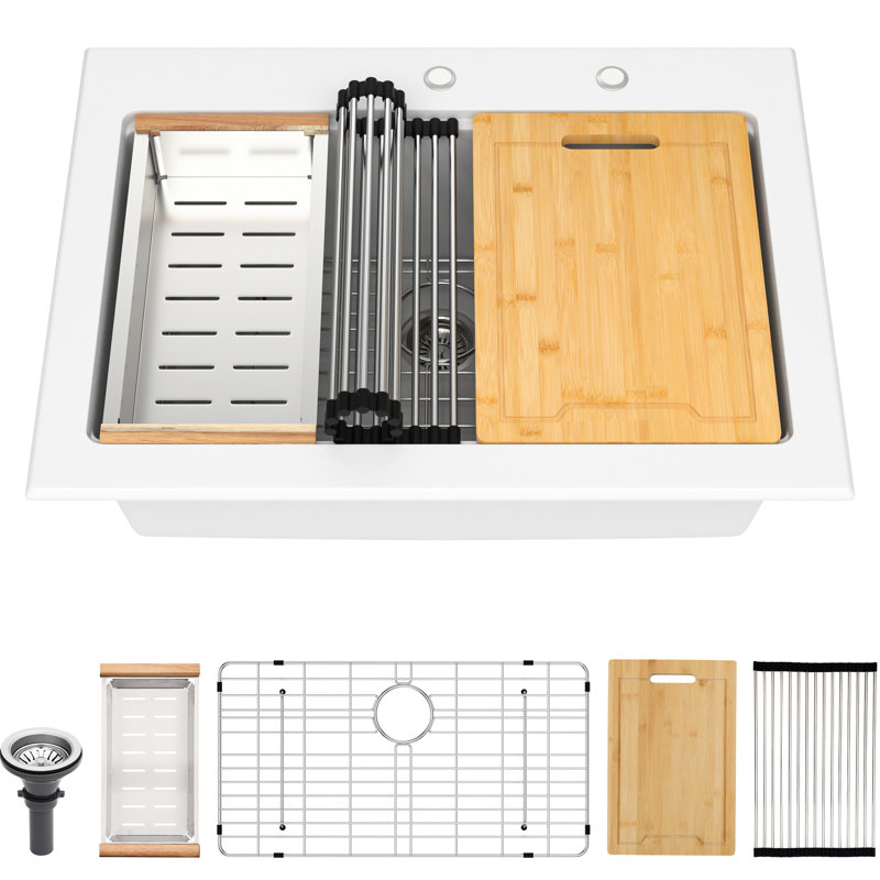 30X22" White Quartz Workstation Drop - In Kitchen Sink, Quiet Operation, Reduces Dirt, Package Includes Cutting Board Sink In, Granite Composite, Non Scratch, And Strong, Protects Hands, With