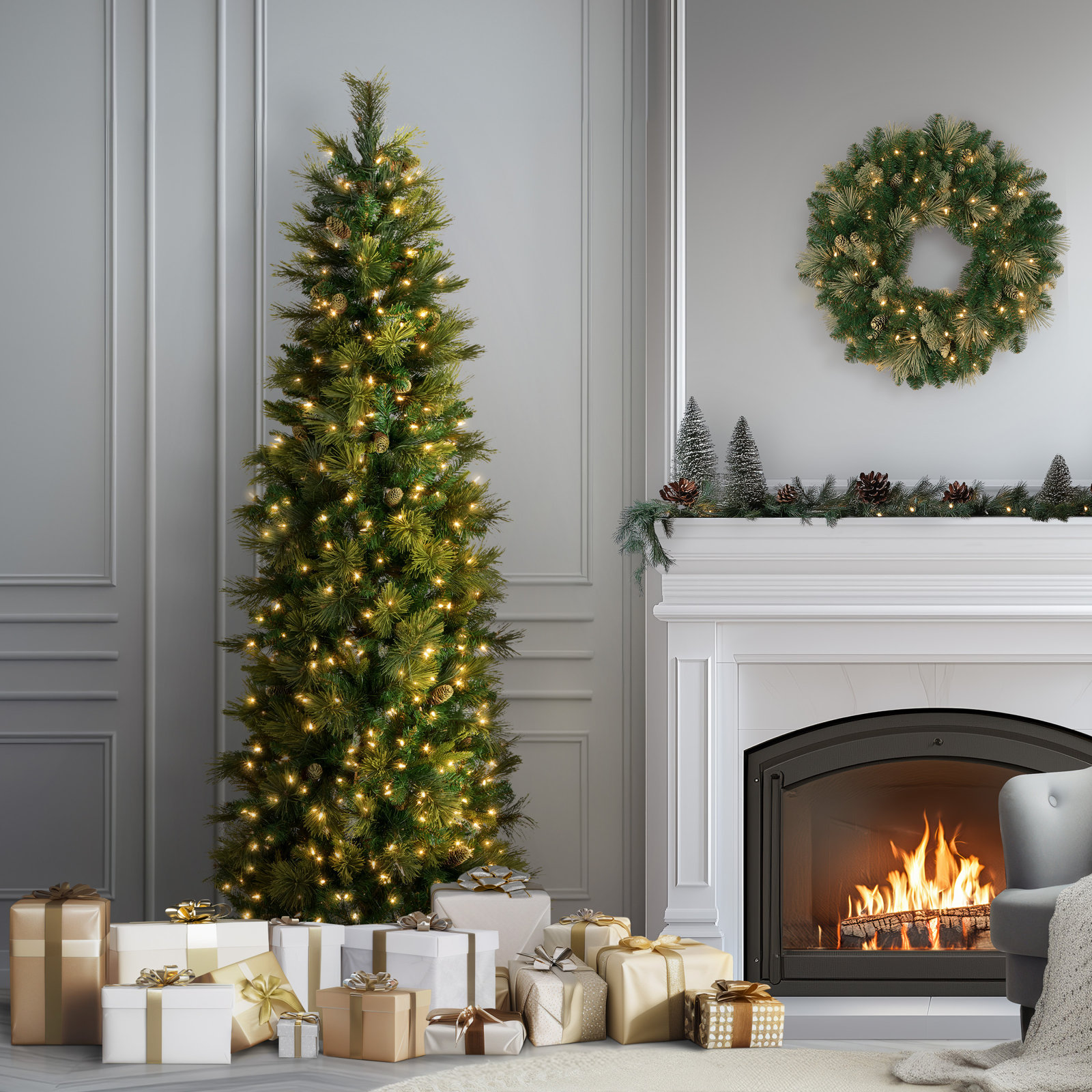 The Holiday Aisle® Carolina Pine Slim Tree with Clear Lights, 7.5'
