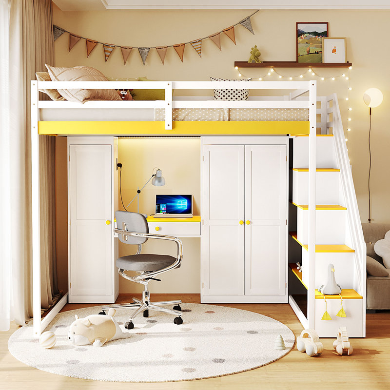 Lit mezzanine double avec escalier de rangement, coiffeuse, garde-robe et ports USB, lumières DEL pour adolescents, blanc et jaune