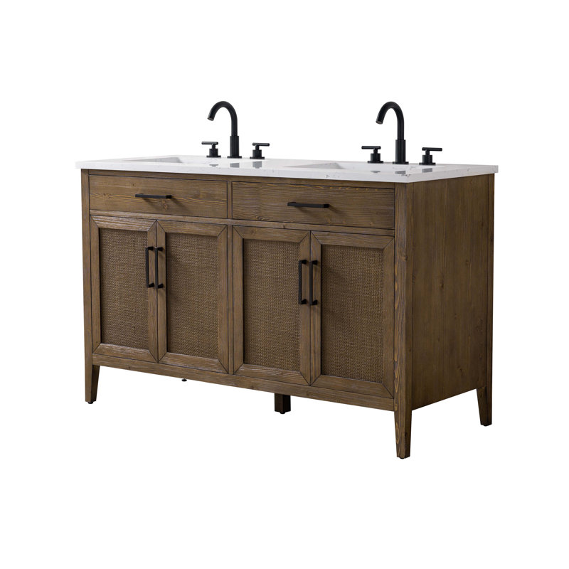 Meuble-lavabo double 54 po avec plateau en pierre d'ingénierie Sebastiano, Brun antique / cuivre antique