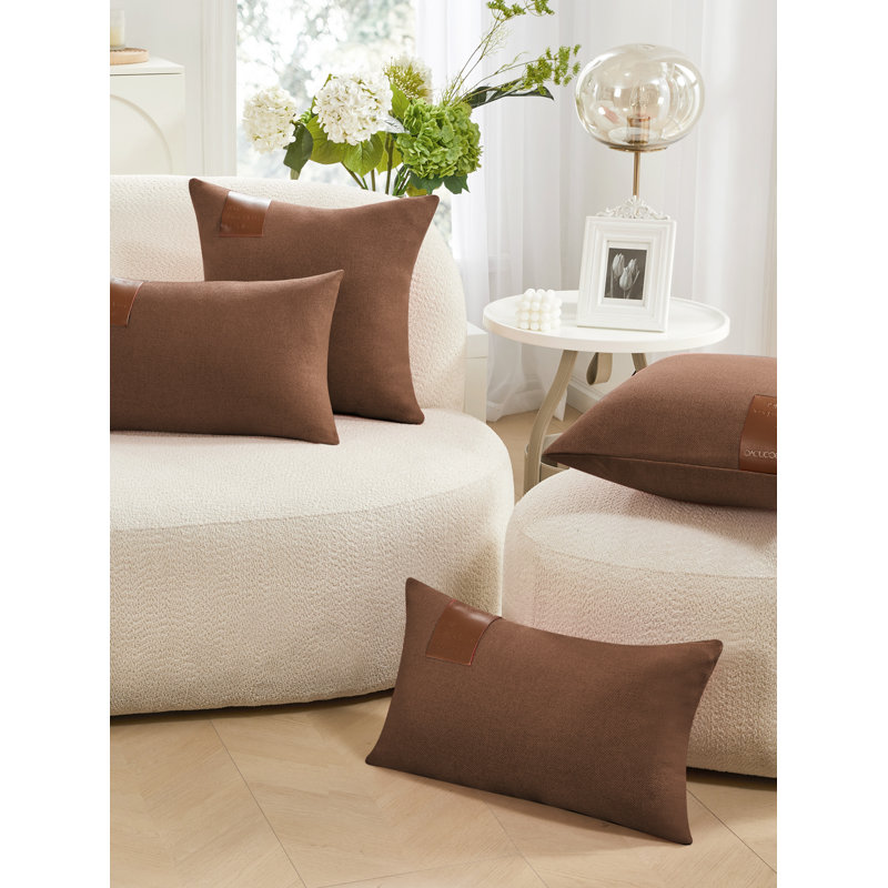 Decorative Solid Pillow Covers with Leather Label (Set of 2), 18"H x 18"W, Pumpkin