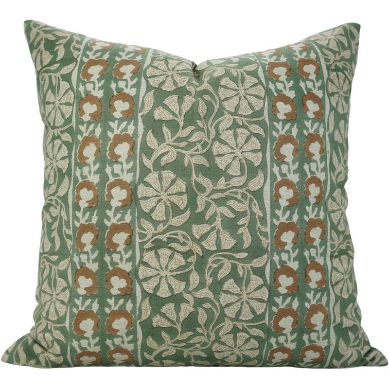 Housse de coussin fabriquée à la main Fab divine Rudraksh, Carrée, Brun / fleurs vertes, H 16 po x l 16 po