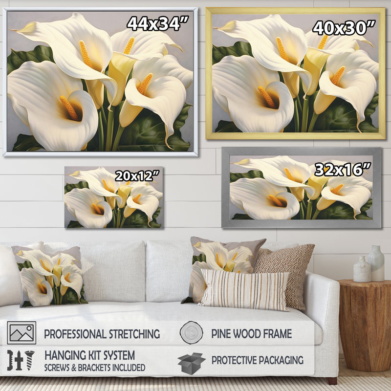 White Green Lily Serenade On Canvas Print, 24" H x 32" W x 1" D, Black Floater Framed