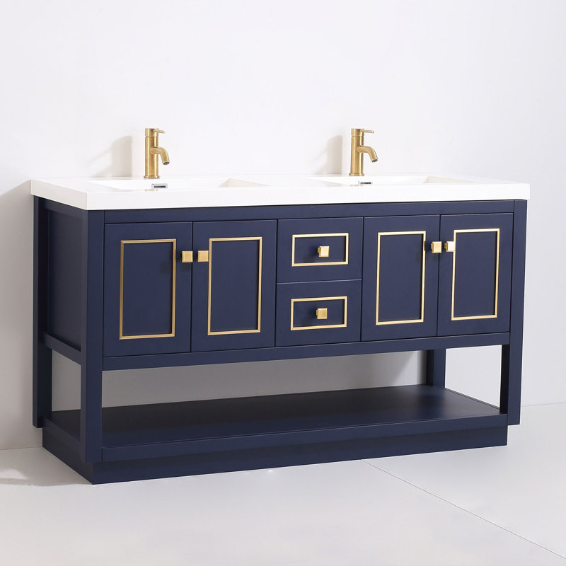 Ensemble de meuble-lavabo double 61 po Thome, bleu, Laiton brossé