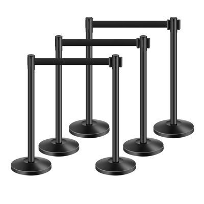 Carbon Steel Stanchions 6-Pack, 35.4in Height, Carbon Steel, 6-Piece Set, Retractable Belt Barrier, Black, Sand-Fillable Hollow Base