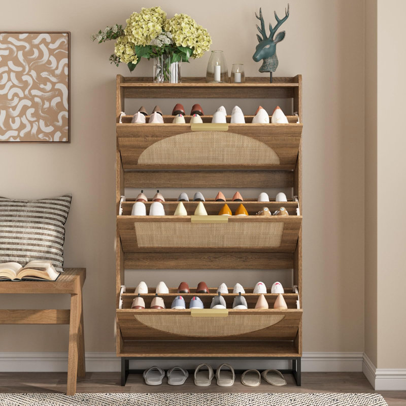 Rattan Shoe Storage Cabinet With 3 Flip Drawers