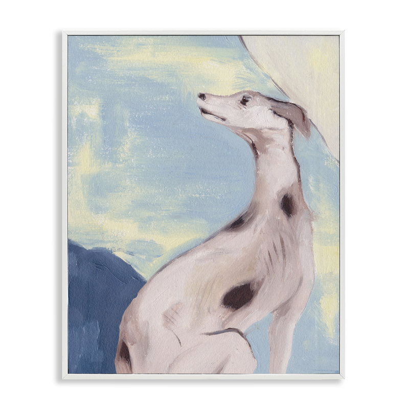 Lévrier sur toile bleue, estampe numérique par Melissa Wang, Giclée encadrée blanc bord de mer, H 30 po x l 24 po