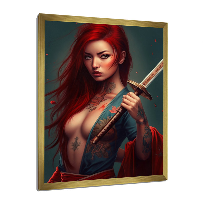 Samurai Cyberpunk Chick II - impression, H 20 po x l 12 po x P 1 po, Encadrement doré