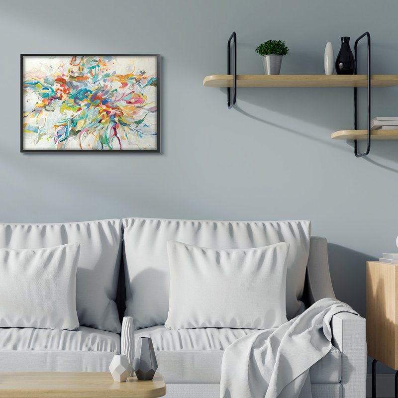 «Exciting Tropical Shapes Abstraction Blue Red Pop» par Lisa Ridgers - impression, Giclée encadrée noir minuit