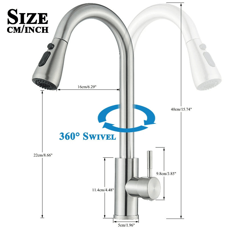 Robinet de cuisine intelligent avec douchette rétractable Robinet de cuisine à poignée simple avec surfaces tactiles, robinet d'évier de cuisine en acier inoxydable