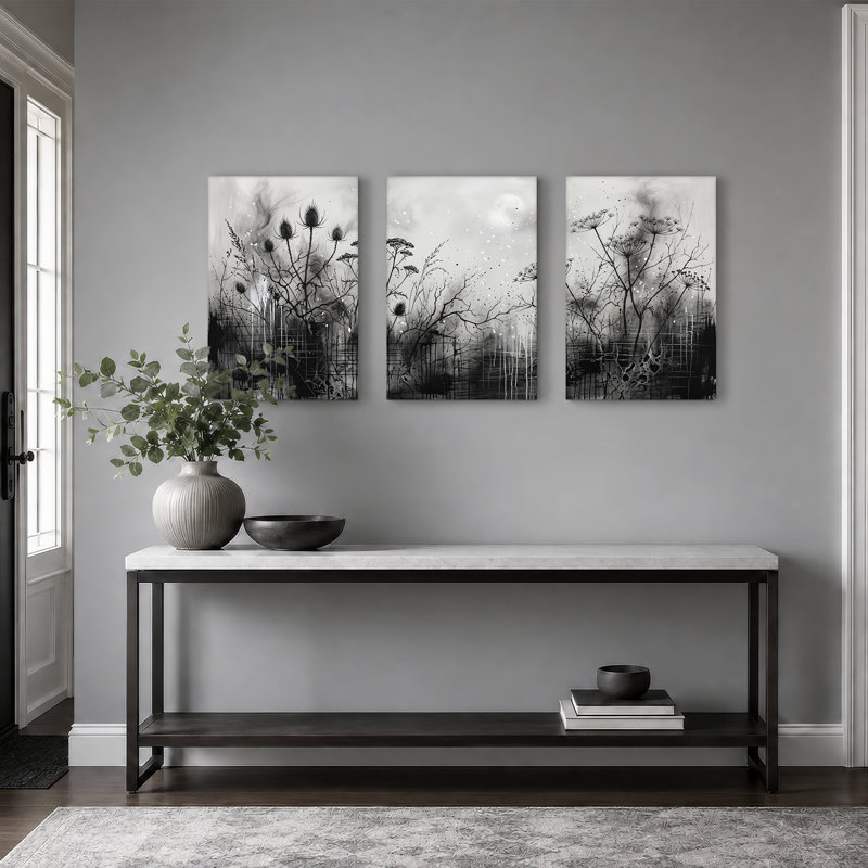 «Black and White Thistle and Queen Anne's Lace», ensemble de 3 toiles murales, 18"H x 12"W x 3pcs