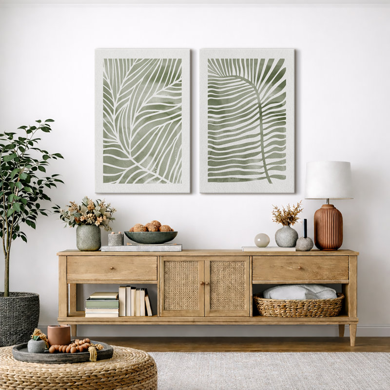 Abstract Botanical "Faded Sage Green Tropical Palm Tree Leaves Artwork, Modern Simple Minimalist Wall Pictures, Framed Canvas Giclee Print 2 Pieces Wall Art Set" 16x24x2 pcs, 24x36x2 pcs