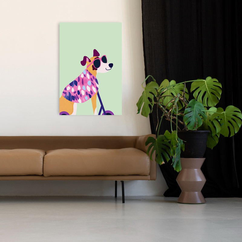 Cool Dog On Scooter Colorful Playful Whimsical Dog Wall Art Print by Mathieu - Wrapped Canvas Print, 121.92cm H x 81.28cm W
