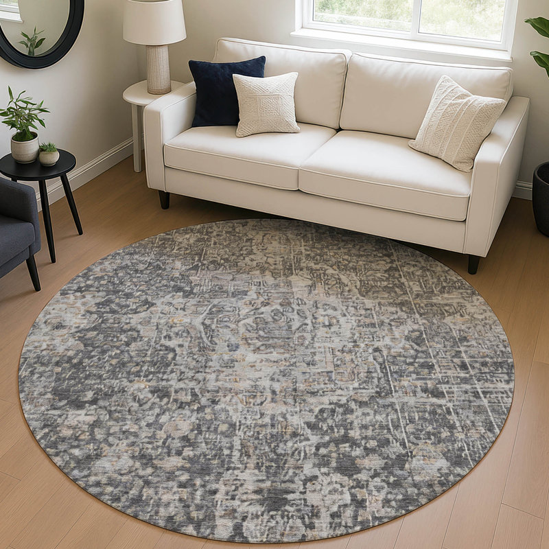 Tapis gris anthracite lavable à la machine intérieur / extérieur Claudian ACN1663, Rond 8 pi