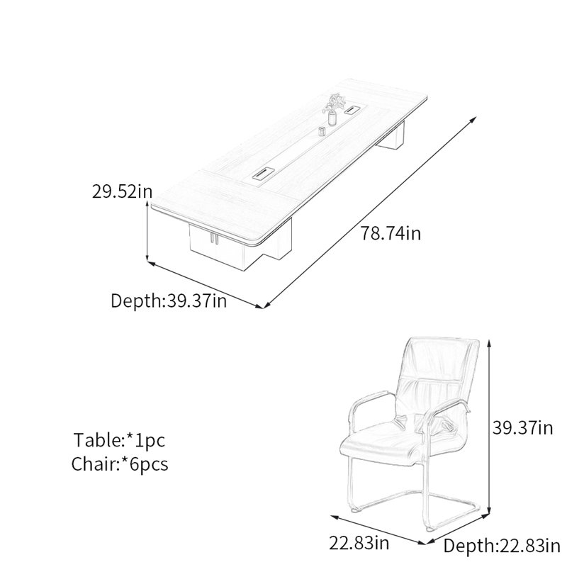 Table de conférence minimaliste avec armoire de rangement, H 29,52 po x L 78,74 po x l 39,37 po, Brun