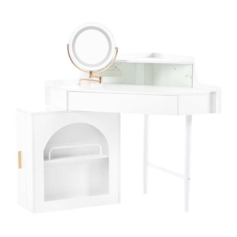 Coiffeuse de maquillage blanche moderne avec miroir pliant en trois, rotation à 360 °, éclairage 3 couleurs et grand tiroir pour les outils de beauté.