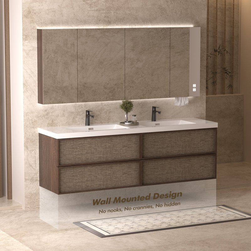 Meuble-lavabo flottant rétro en noyer 72 po avec lavabo intégré