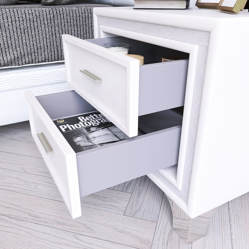 Table de chevet style Mid-Century rétro avec bande pailletée argentée et pieds en métal, Beige
