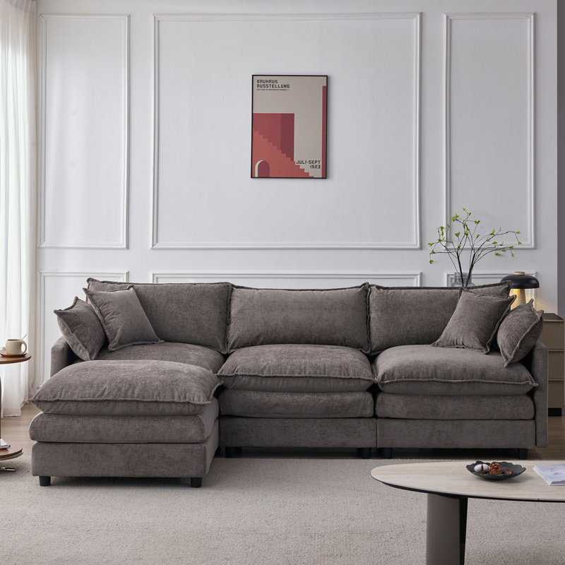 Canapé modulaire en L en chenille avec repose-pieds, Gris chenille