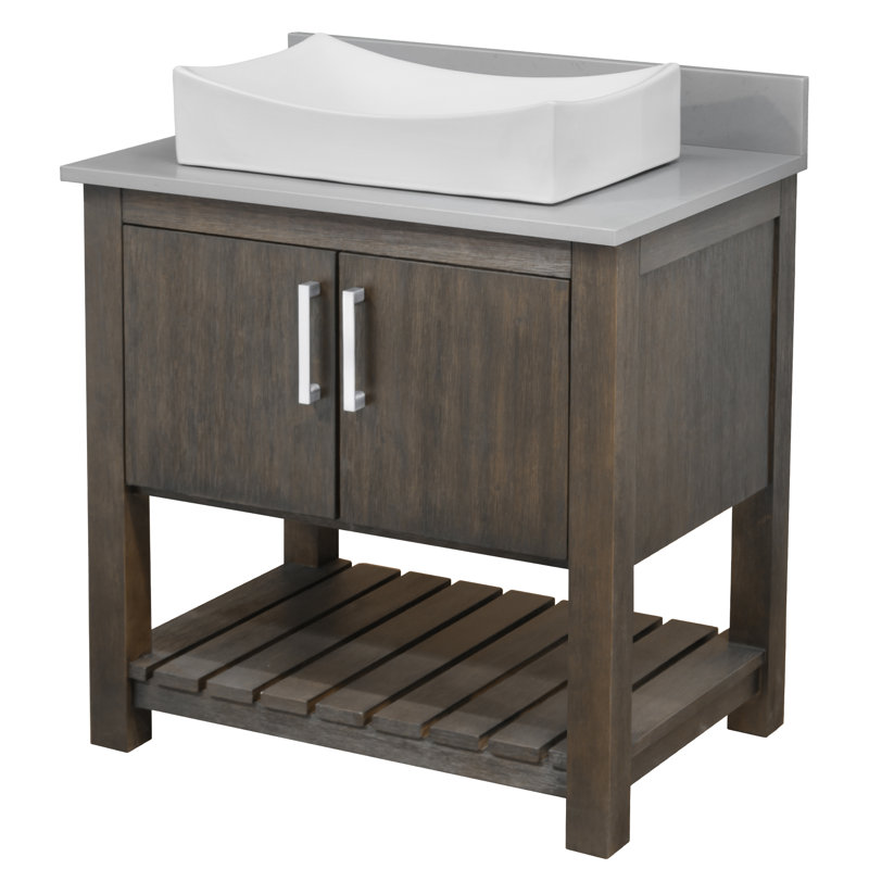 Meuble-lavabo de 30 po avec comptoir en quartz et lavabo, quincaillerie chromée et miroir, Chrome chrome, Gris tempête