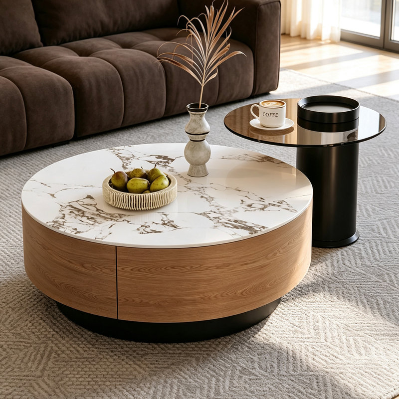 Ensemble de petites tables basses pour petit salon, 12.99" H x 27.55" W x 27.55" D, Dark Grey/Brown Top/Brown/Black Base