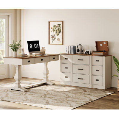 Farmhouse Office Desk & 9-Drawer Storage System - Complete Workspace Solution With Integrated Power Station