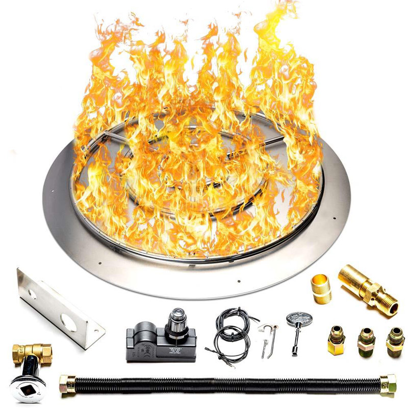 Ensemble de brûleur et anneau pour foyer d'extérieur haute puissance 250 000 BTU avec allumage par étincelles et ensemble de raccordement au gaz naturel HAUTE CAPACITÉ