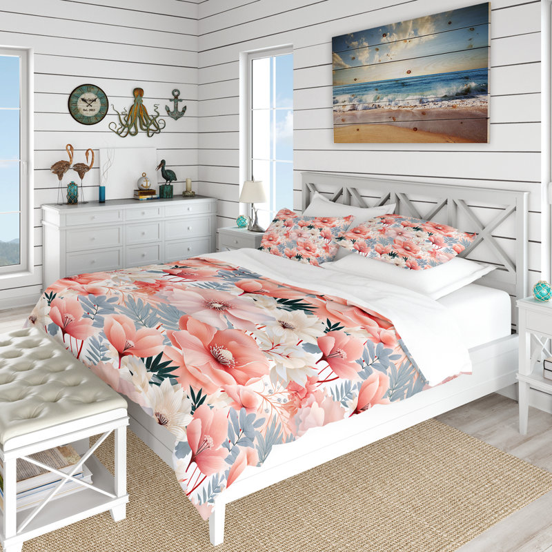 Seaside Elegance Tropical Pattern Duvet Cover, Queen Duvet Cover + 2 Standard Shams