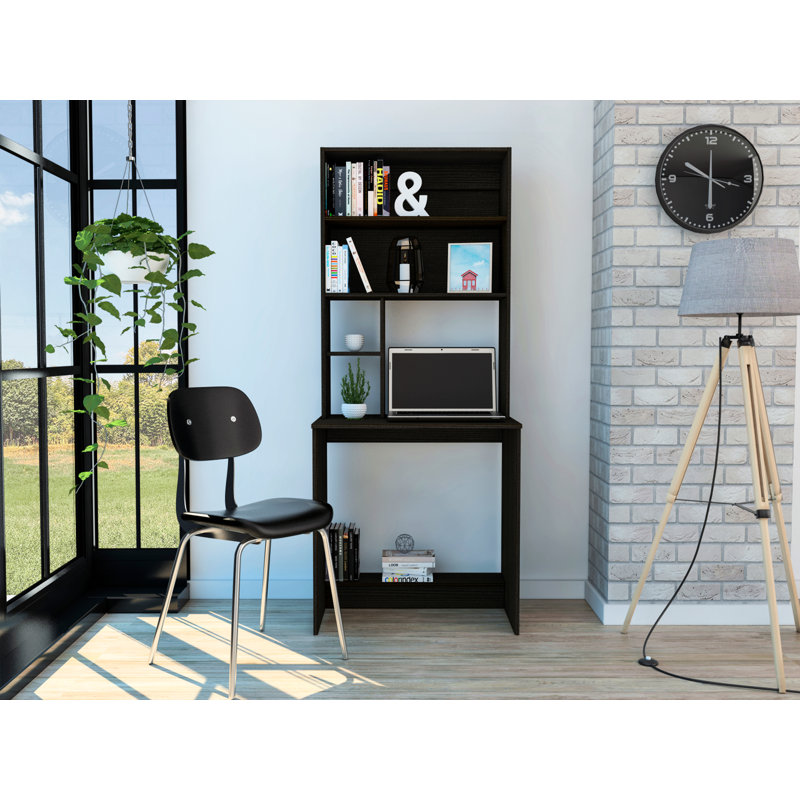 Bureau avec huche, quatre tablettes, bureau d'écriture, une tablette inférieure - noir