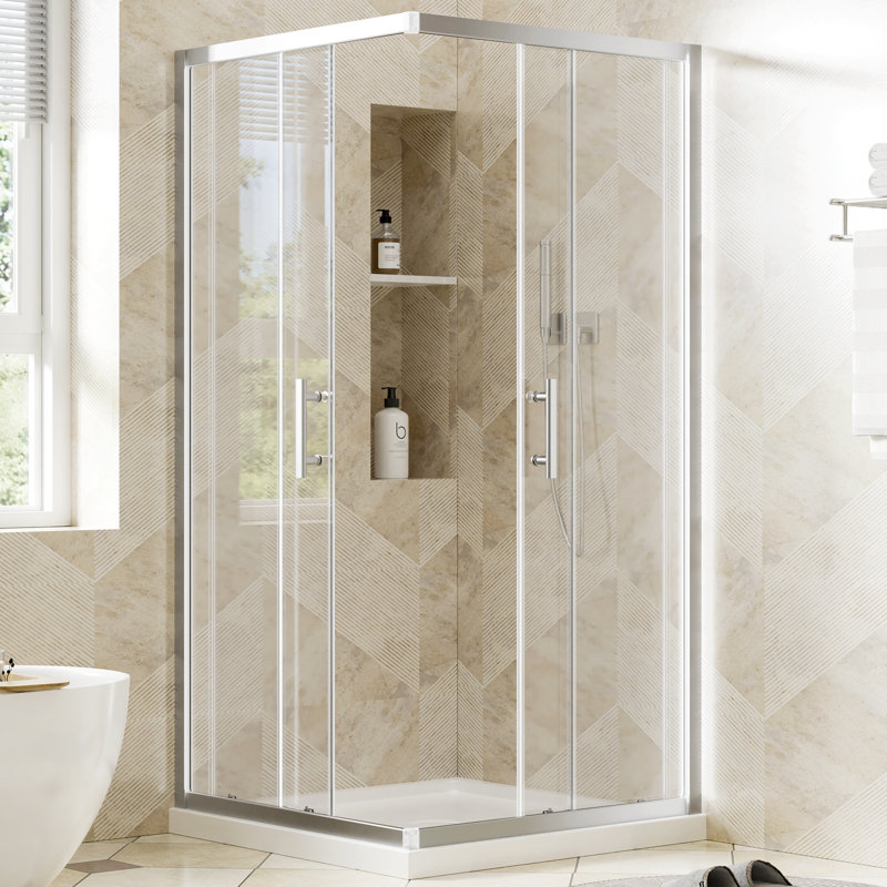  Cabine de douche d'angle 36 po x 36 po x 72 po avec portes coulissantes doubles, verre trempé de 1/4 po avec film de sécurité, largeur réglable et chrome imperméable