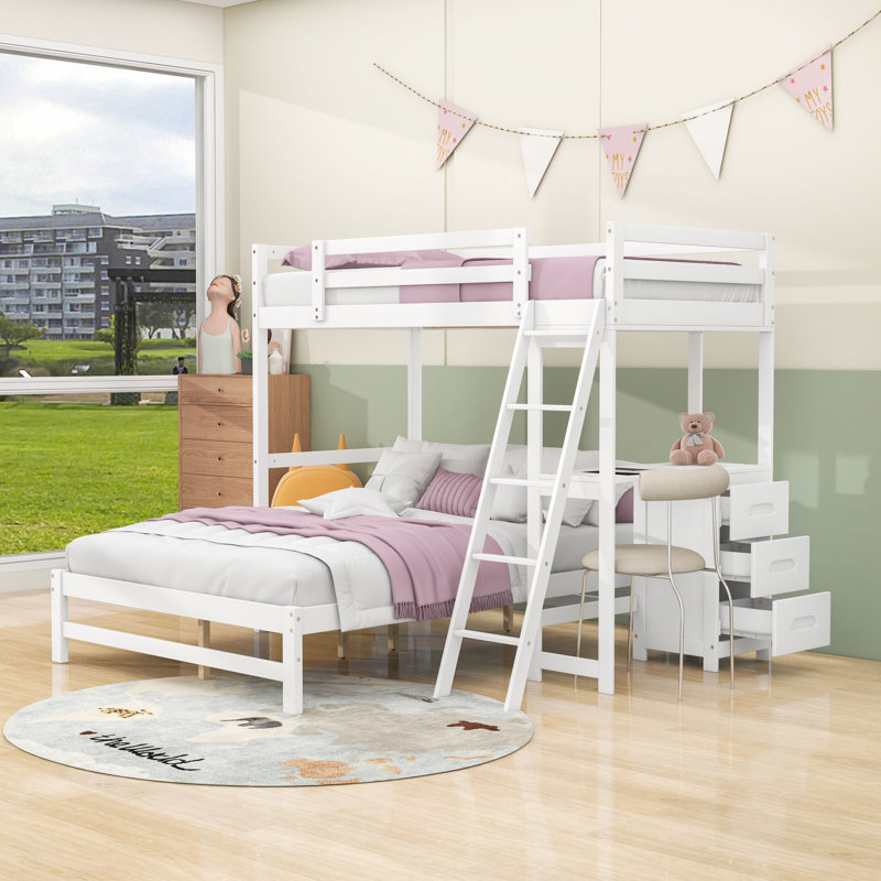 Lit simple superposé au dessus d'un lit double avec bureau et tiroirs, échelle, Blanc