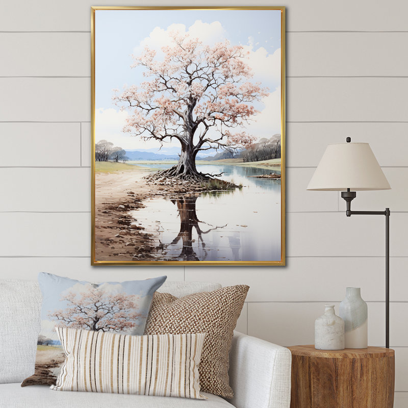 Minimalisme, chêne rose, automne chatoyant - impression sur toile florale, H 32 po x l 16 po x P 1 po, Cadre flottant doré