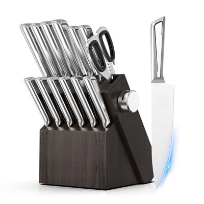 Knife Sets With Block,Knife Set Stainless Steel Kitchen 14Pcs, Built-In Sharpener, Sharp Knives (Grey)