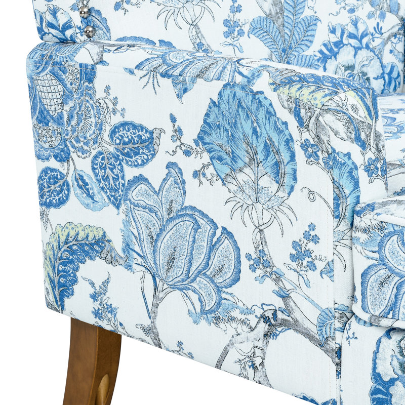 Fauteuil d'appoint à motif floral bleu et blanc, garniture cloutée, pieds en bois massif, design polyvalent pour différents espaces, dossier ergonomique avec coin lecture, assise confortable