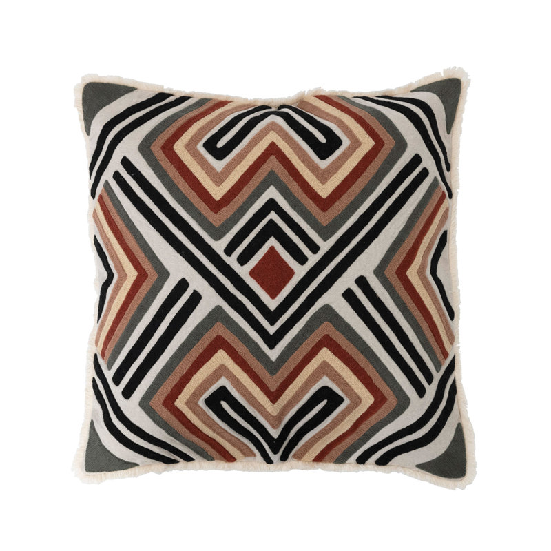 Cotton Embroidered Pillow With Pattern And Fringe