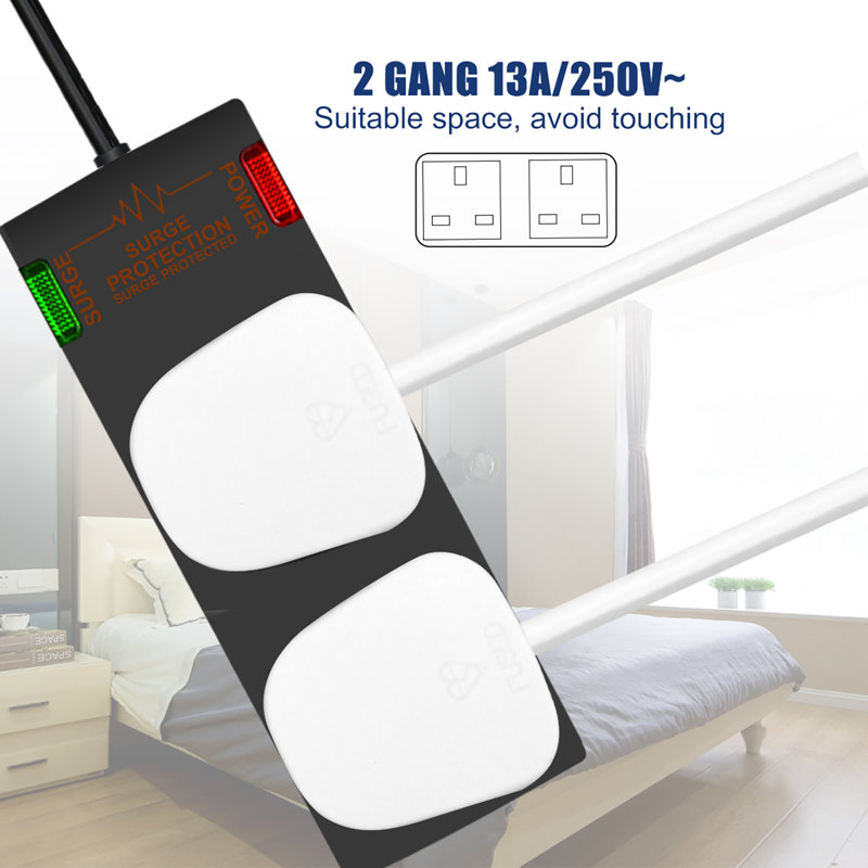 2-Way Surge Protected Extension Lead with Indicator Light UK 3 Pin Plug