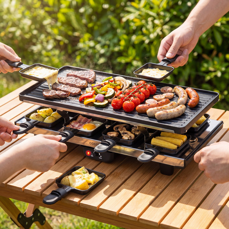 Gril à raclette pour 8, 2 en 1 gril et plaque chauffante avec plaque antiadhésive réversible