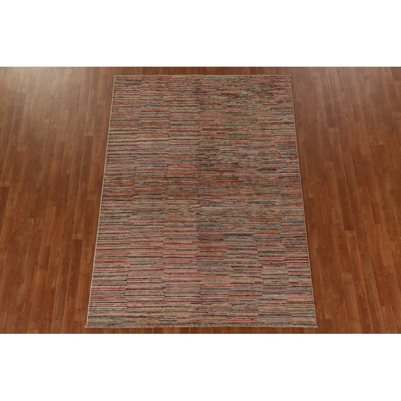 Tapis beige en laine noué à la main de conception unique 5 pi 7 po x 7 pi 8 po New Age