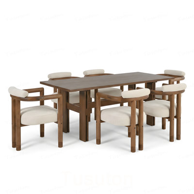7 Pieces Modern Dining Set, Rustic Farmhouse Solid Wood Kitchen Table Set for 6, 71'' Large Retro Country Dinner Set with Walnut Chair, for Dining Ro