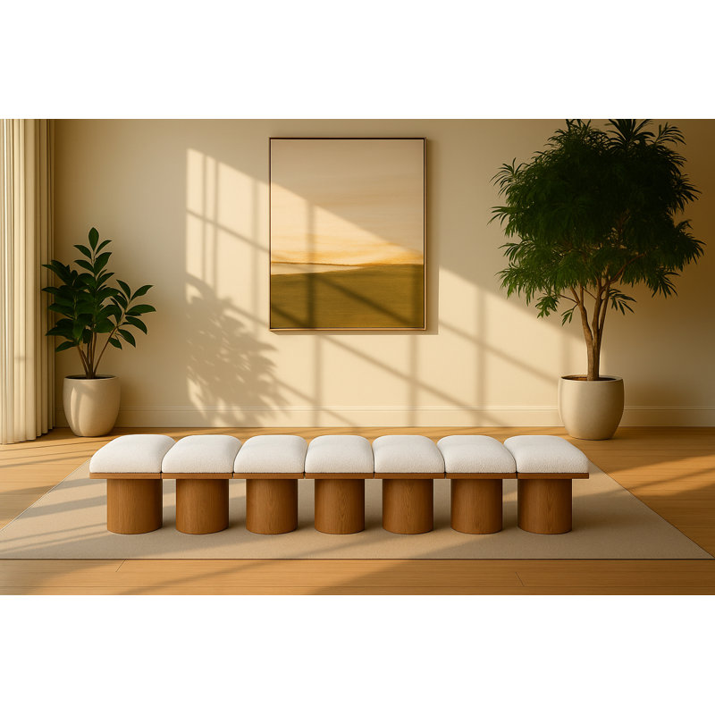 Banc rembourré Horatia, H 17,5 po x l 108,5 po x P 18 po, Noyer brun, Tissu crème bouclé