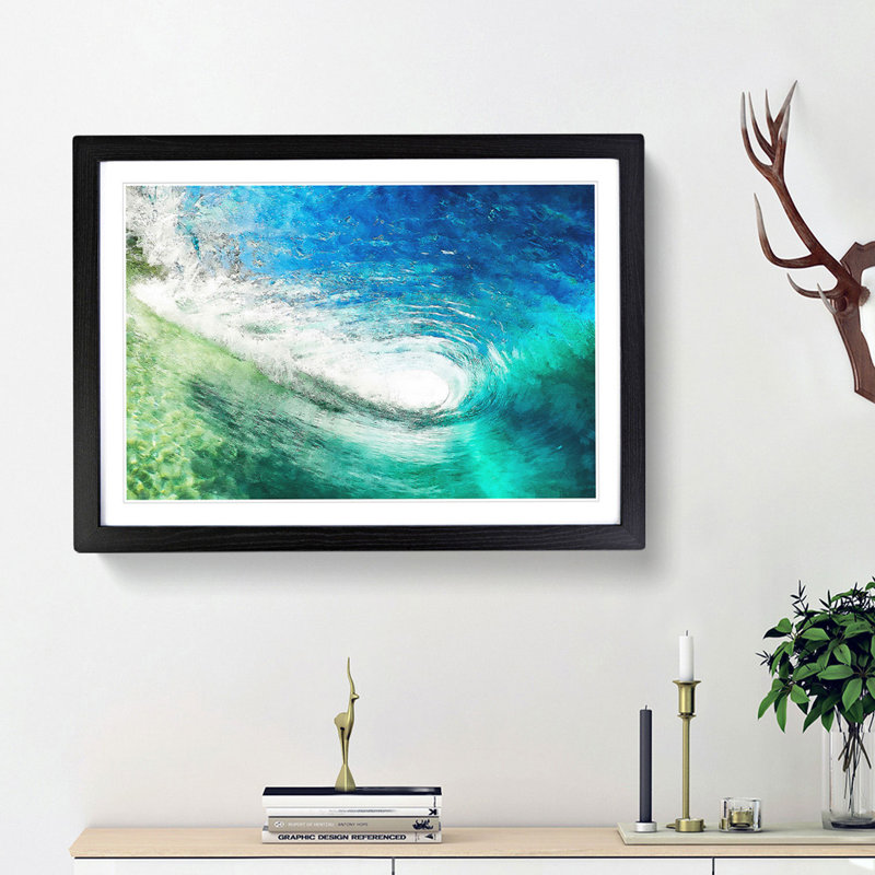 Within the Wave in Blue and Green - Picture Frame Painting Print, 45cm H x 63cm W x 2cm D, Black Framed