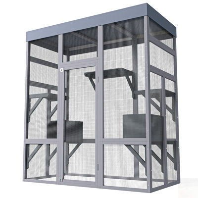 Catio d'extérieur en bois pour chats avec toit imperméable, plateformes et fil antirouille