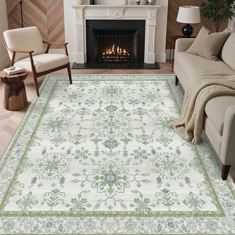 Oriental Geometric Machine Washable Non-Slip Cream Green Indoor Area Rug, Ivory/Gray, Runner 2'7" x 8'