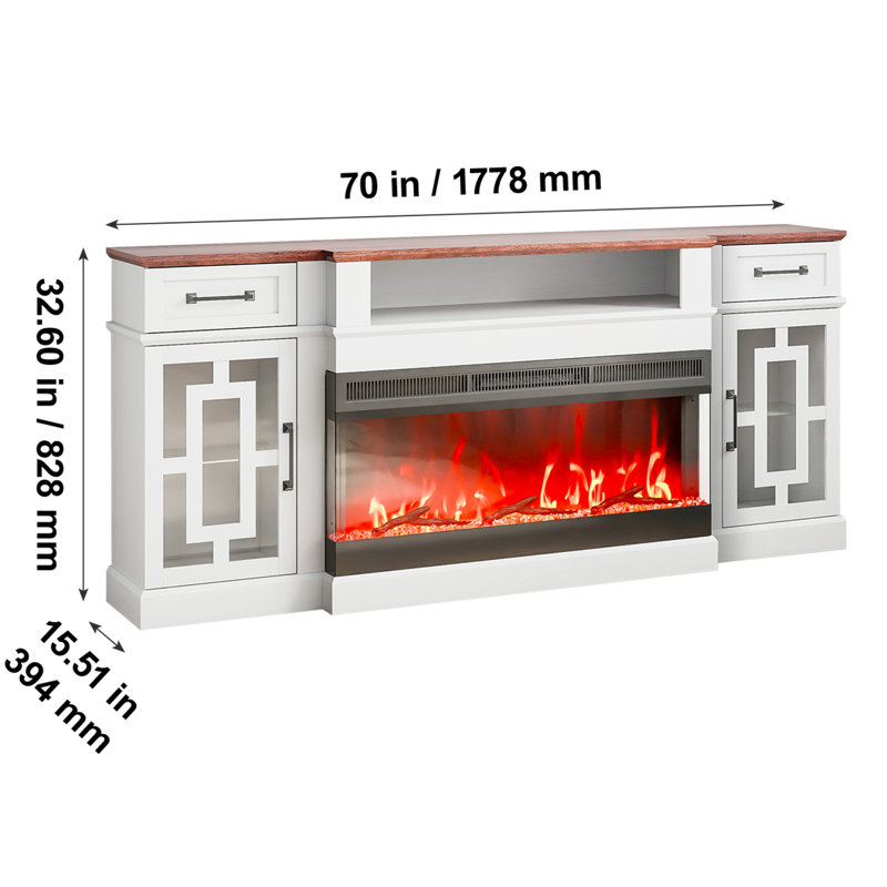 80 in Fireplace TV Stand 20 LED Lights Remote Control & Timer, White/Brown