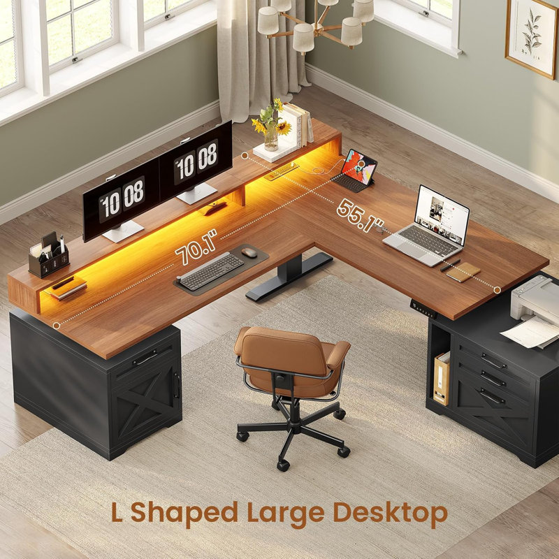 Farmhouse L Shaped Standing Desk, 71" X 73" Height Adjustable Home Office Executive Desk With Drawers, Brown/Black
